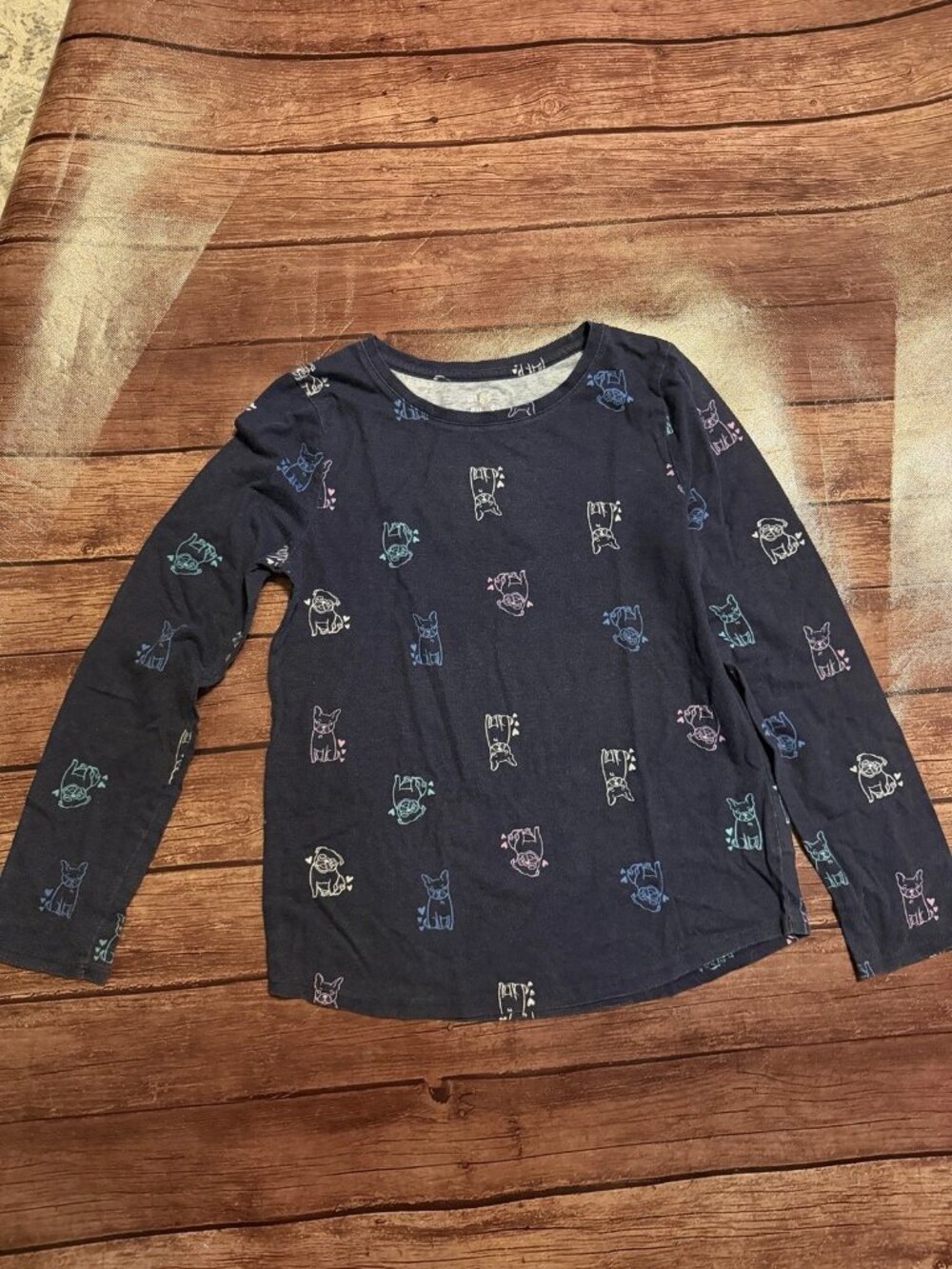 Girl’s SO Navy Blue Graphic Long Sleeve Shirt Size 12 Dog Pug Boston Terrier